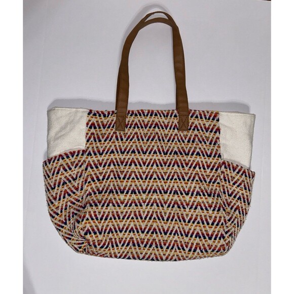 No Boundries Caroline Boho Aztec Chevron Woven Beach Tote Bag Leather Straps - Picture 1 of 9